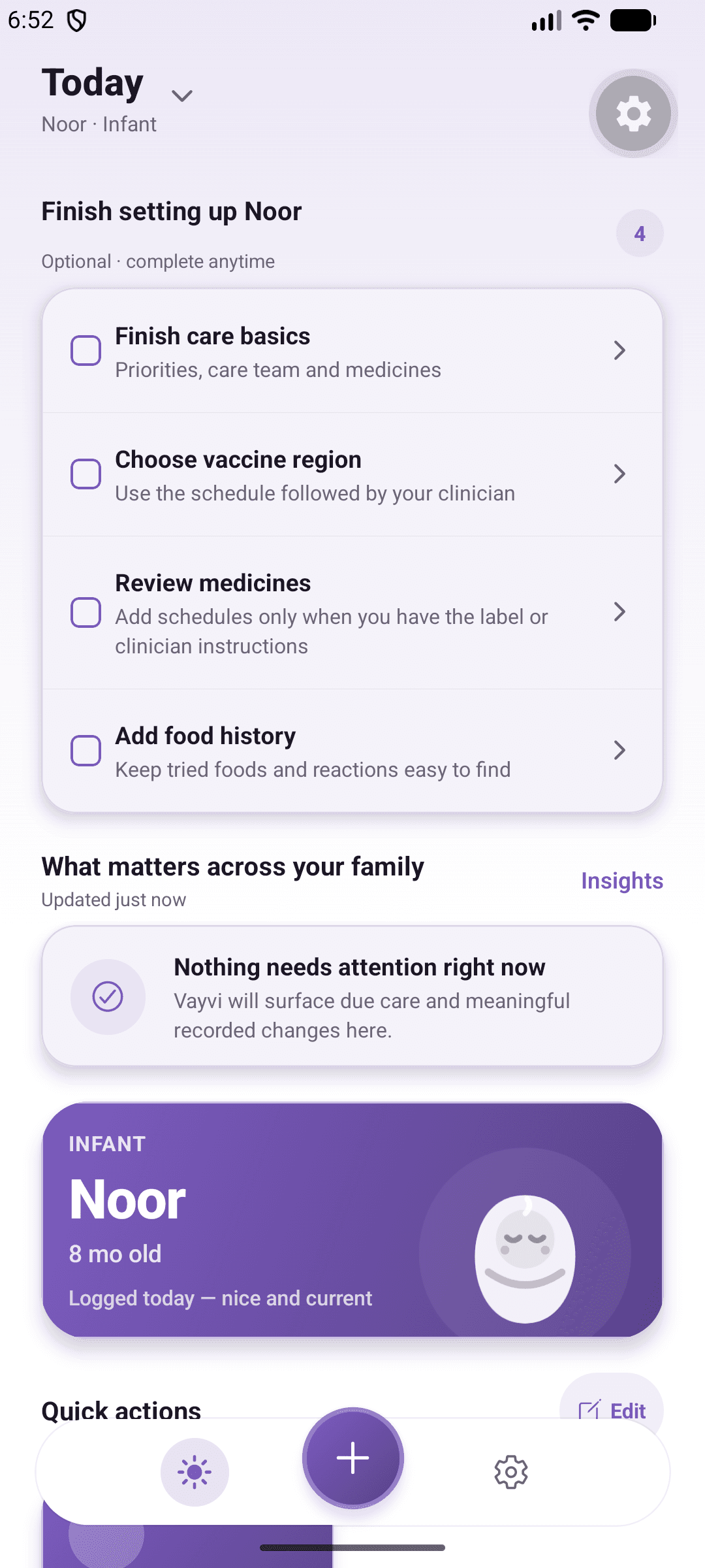 Actual Android preview showing Noor’s profile and care setup, using fictional local demonstration data